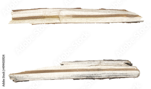 Dry tree twigs branches isolated on white background. set pieces of broken wood plank. collage small wood chips close-up