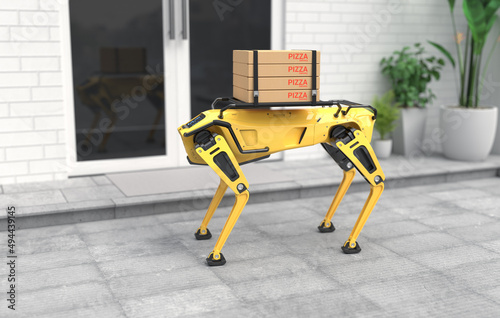 Robot dog delivering pizza. 3D illustration photo