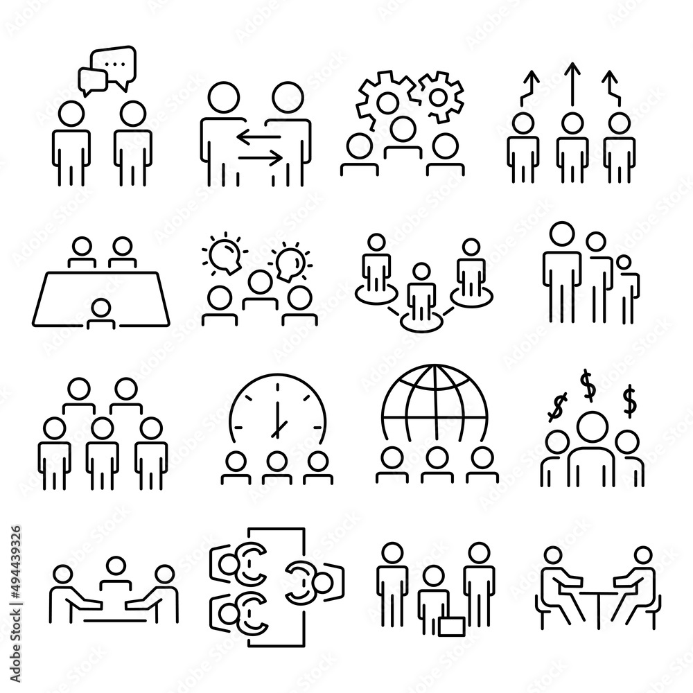 Set of meeting icons, such as group, team, people, conference, leader, discussion