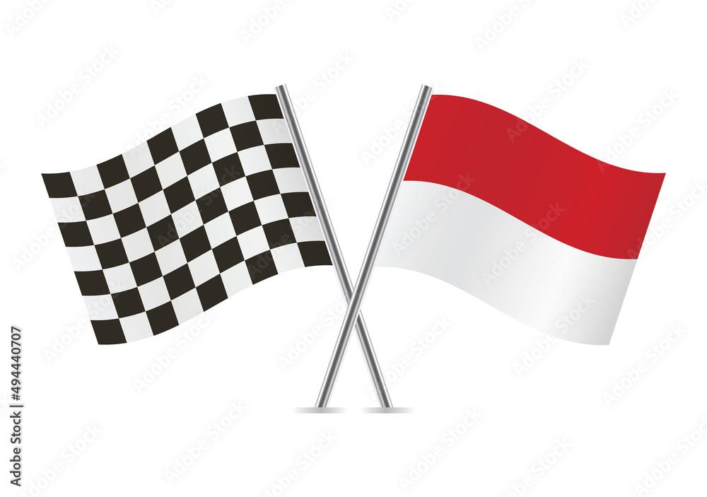 Checkered (racing) and Monaco crossed flags, isolated on white background. Vector icon set. Vector illustration.