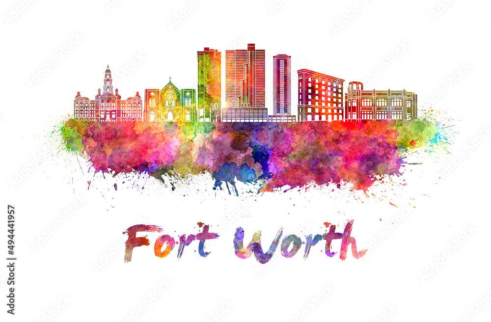 Fort Worth skyline in watercolor