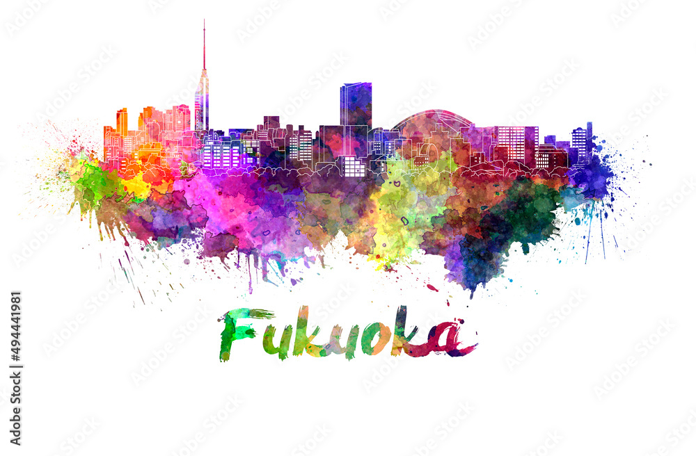 Fukuoka skyline in watercolor