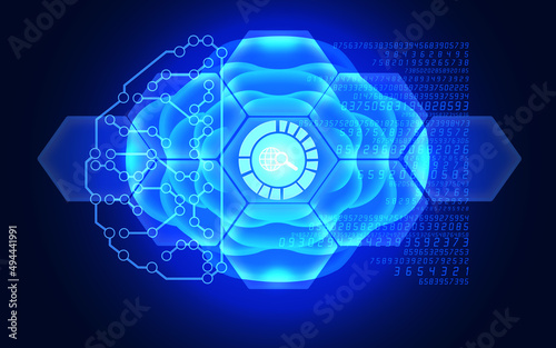 Internet Searching Symbol is Reflecting Over Futuristic Electronic Circuit in 3D Brain Symbol