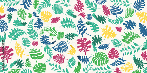 Background with exotic jungle plants. Tropical palm leaves. Rainforest illustration, multicolored on white. © Olga Moonlight