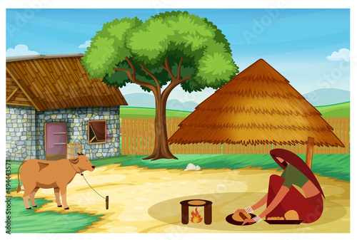 Young woman cooking meal in traditional dress in her village. Vector Illustration. 