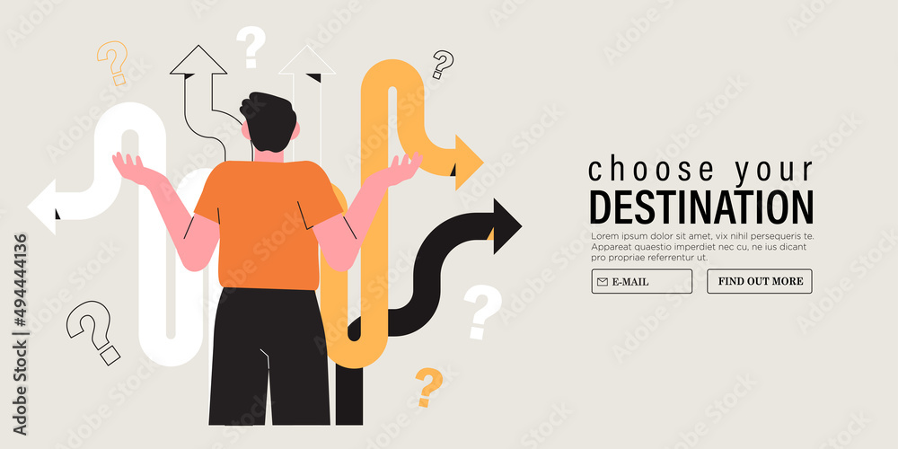 Business decision making, career path, work direction or choose the right way to success concept, confusing woman or student looking at crossroad sign with question mark and think which way to go. - obrazy, fototapety, plakaty 