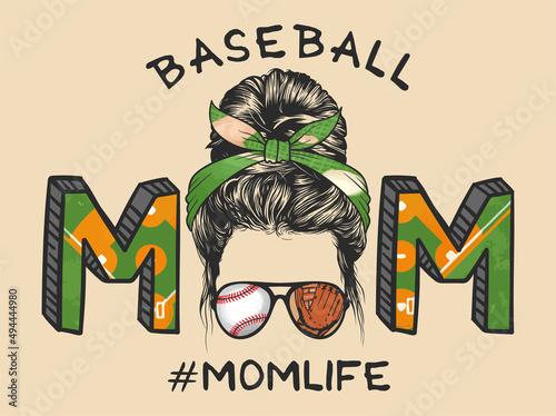Mom life with messy bun hairstyle with Baseballs headband and glasses, hand drawn vector illustration 