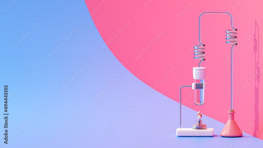 Test tube and lamp on Violet and Magenta background. Space for banner and logo. Science experiment concept, 3D render Test tube and lamp on Violet and Magenta background. Space for banner and logo. Science experiment concept, 3D render