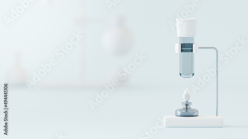 White test tube and lamp on blue-green background in lab. Space for banner and logo. Minimal and pastel tones concept  3D render