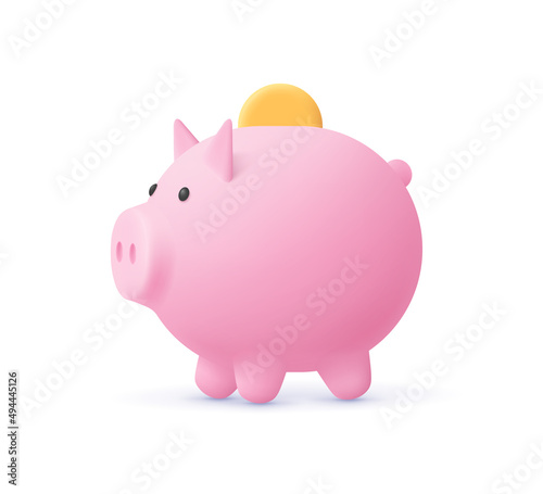 Piggy bank with coin. Money saving, banking, finance, economy, investment concept. 3d vector icon. Cartoon minimal style.