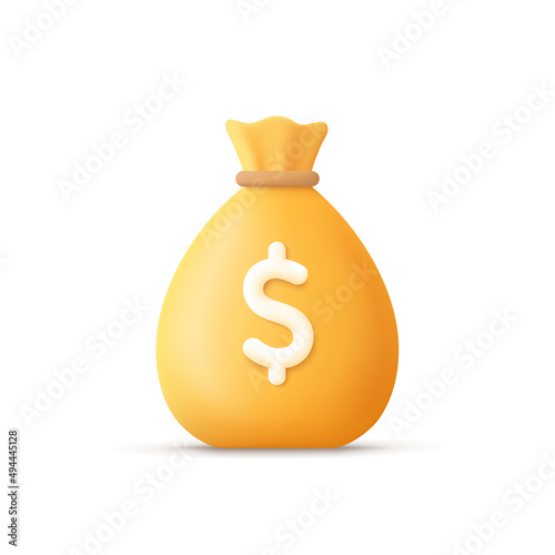Money bag with dollar icon. Cash, interest rate, business and finance, return on investment, financial solution, prepayment and down payment concept. 3d vector icon. Cartoon minimal style. photo