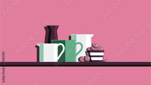 Composition of fruts and dishes for the interior