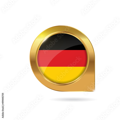 Flag of Germany  location map pin  pointer flag  button with the reflection of light and shadow  gold frame  Icon country. Realistic vector illustration on white background