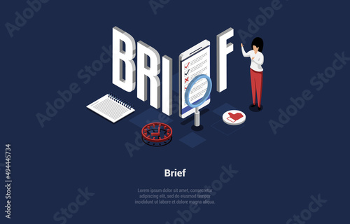 Female Character is Providing Client Brief for Employees. Client is Giving Instructions for New Project, Announcement, Sharing Ideas and Technology For The Future. Isometric 3d Vector illustration