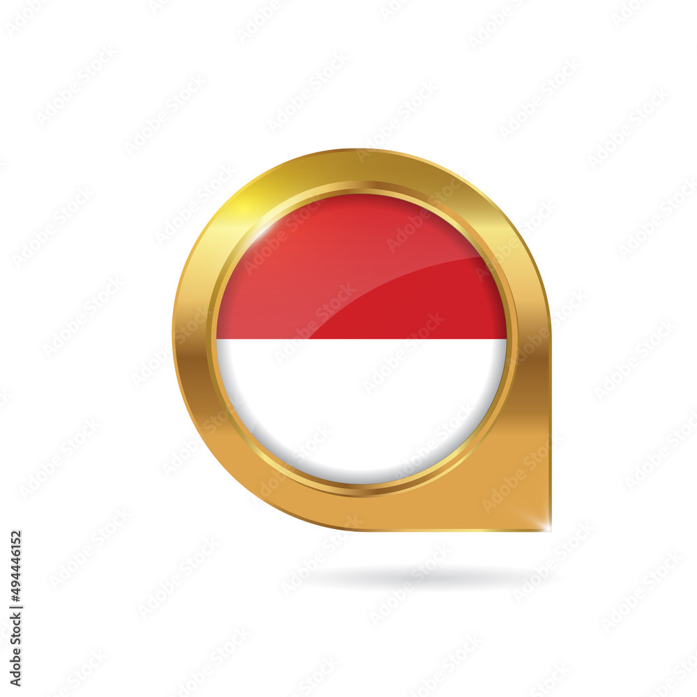 Flag of Monaco, location map pin, pointer flag, button with the reflection of light and shadow, gold frame, Icon country. Realistic vector illustration on white background Flag of Monaco, location map pin, pointer flag, button with the reflection of light and shadow, gold frame, Icon country. Realistic vector illustration on white background