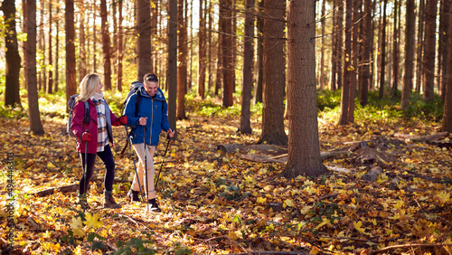 Side View Of Mature Retired Couple Walking Through Fall Or Winter Countryside Using Hiking Poles