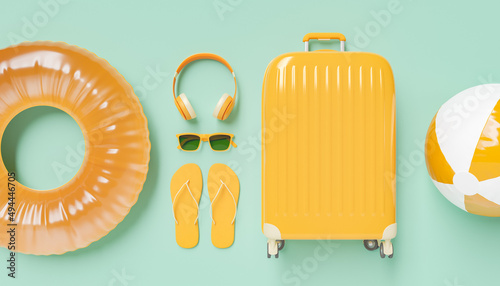 Flat lay orange suitcase with traveler accessories