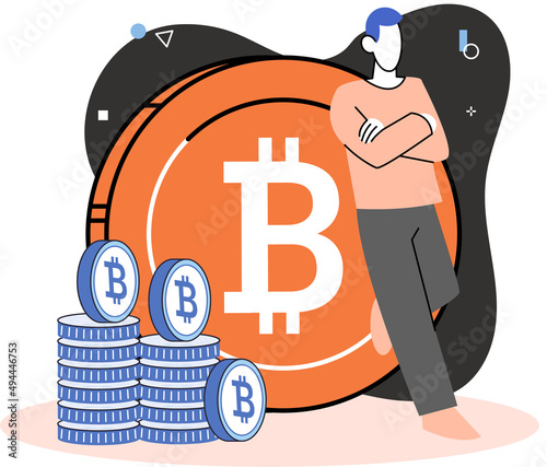 Blockchain network technology, ICO and cryptocurrency concept. Successful businessman standing with golden bitcoin coin on background. Virtual electronic money mining and trading, crypto currency
