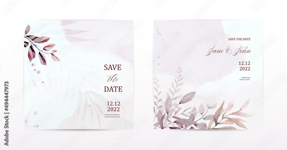 Set of square cards designed with leaves and stains of watercolor
