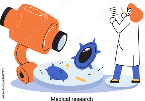 Medical research metaphor. Laboratory diagnostic services, Scientists work equipment and microscope. Virologists chemistry clinic laboratories, microbiology pharmaceutical research. Vaccine discovery