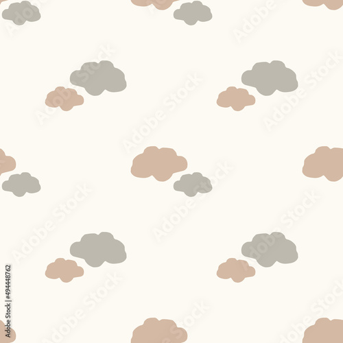 Calm newborn minimal cloud sky seamless pattern. Gender neutral baby nursery decor background. Scandi style sketch wallpaper background tile or toddler inclusive apparel fashion.