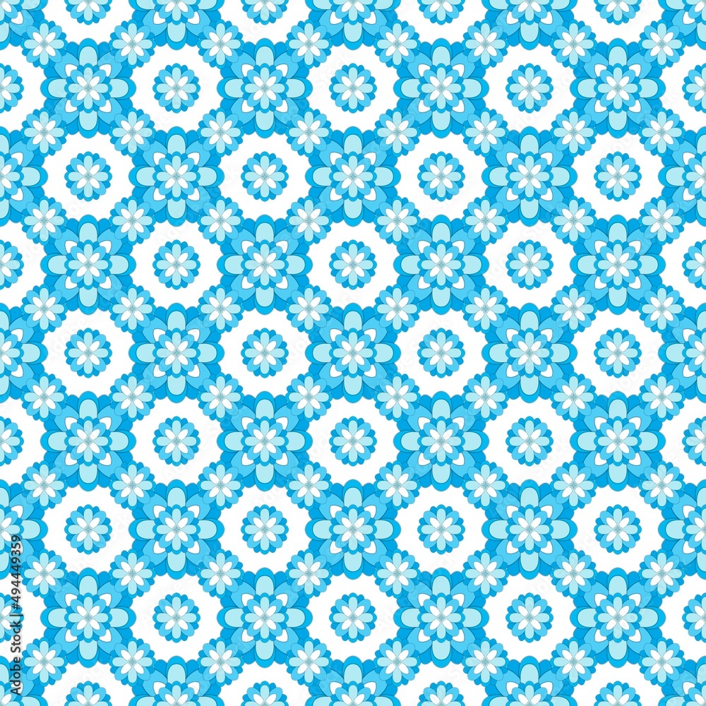 Effect graphic drawing of blue flowers on white background. Seamless pattern for fashion, card, cover skin, textile, wrapping paper. Asian style.