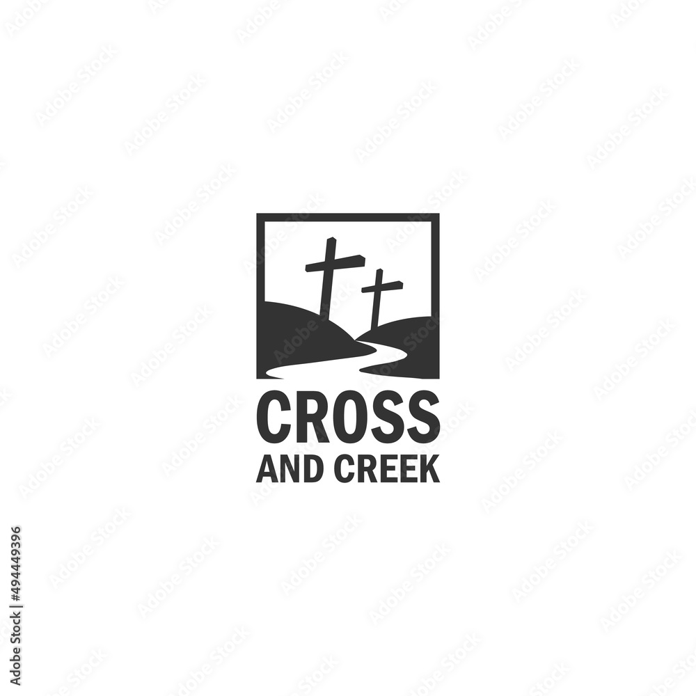 Holy christian cross with hill and river creek logo, church of Catholic in nature landscape vector illustration