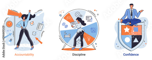 Personal quality concept creative metaphors set. Confidence, accountability and discipline, mental strength, psychological flexibility, decision making, leadership role, personal development