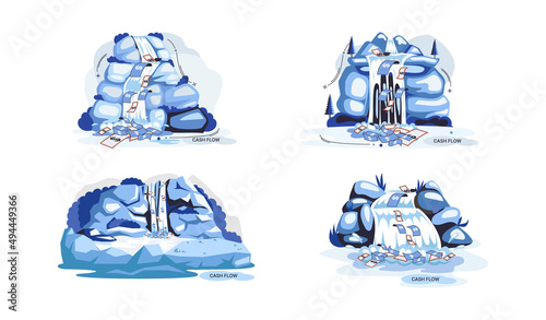 Idea of financial growth and business development. Business investment and profit increase, financial literacy courses. Waterfall with money dollar bills. Cash flow stable income. Money flows metaphor