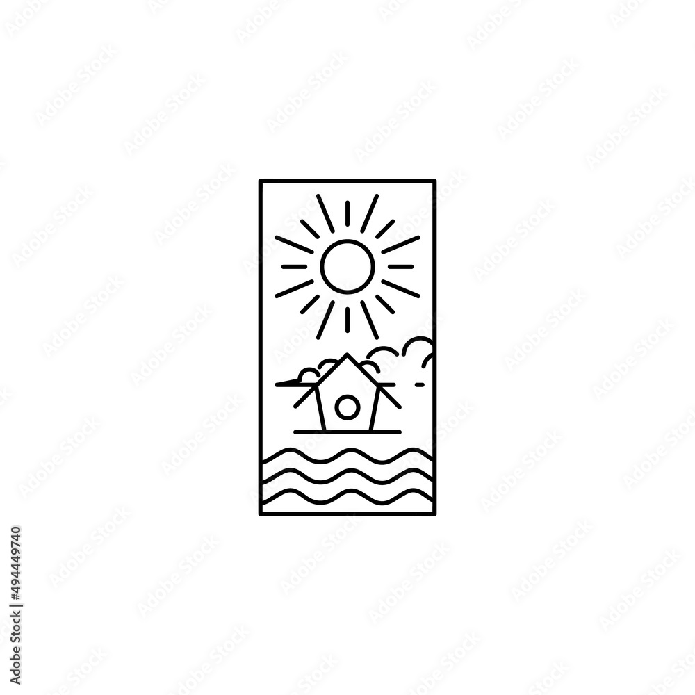 Bagde or Emblem of Cabin Line Art logo vector design template, Illustration of Cottage, Sun, Cloud and Water Concept Simple and Minimalist