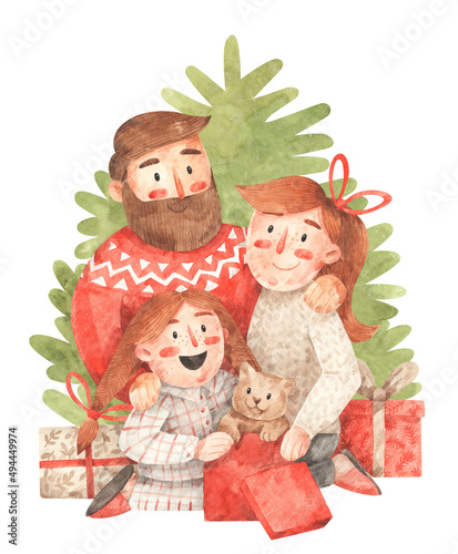 Happy family with Christmas gifts under the Christmas tree. Hand-drawn watercolor illustration of mother, father and daughter open Christmas or New Year gift boxes. Template for greeting card  © Katerina Koniukhova