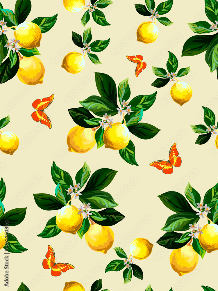 Obraz premium Lemon citrus vector pattern. Botanical vector illustration. Summer background. Floral design.