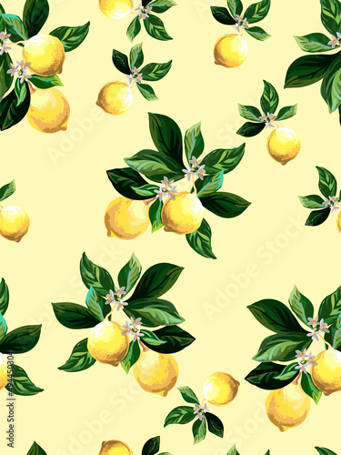Fototapeta Naklejka Na Ścianę i Meble -  Lemon citrus vector pattern. Botanical vector illustration. Summer background. Floral design.