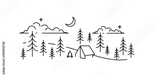 Minimalist camping in a forest line art vector illustration design