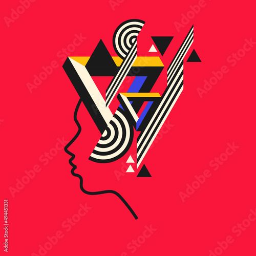 Modern geometric composition of various shapes.Background in the trend chart. Portrait of a young girl.