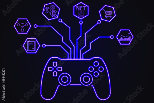 Blockchain, Metaverse, GameFi, P2E, NFT concept neon design. Connect to blockchain with game console.