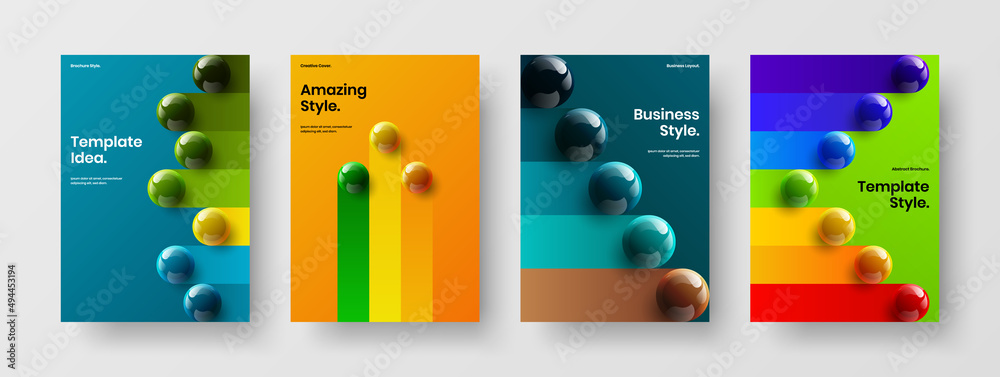 Simple realistic spheres corporate brochure illustration collection. Vivid pamphlet A4 design vector layout bundle.