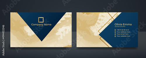 Business card design with elegant blue pattern. Modern concept with golden decoration art. Vector illustration print template.