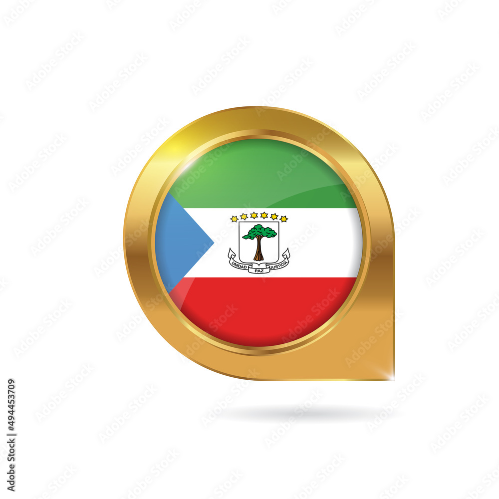 Flag of Equatorial Guinea, location map pin, pointer flag, button with the reflection of light and shadow, gold frame, Icon country. Realistic vector illustration on white background Flag of Equatorial Guinea, location map pin, pointer flag, button with the reflection of light and shadow, gold frame, Icon country. Realistic vector illustration on white background