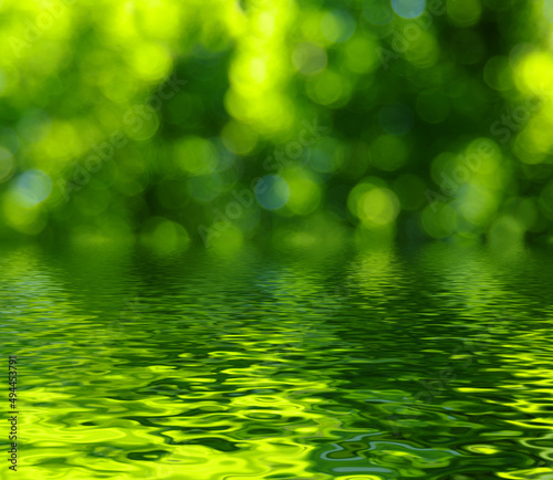 Green blur spring background with water