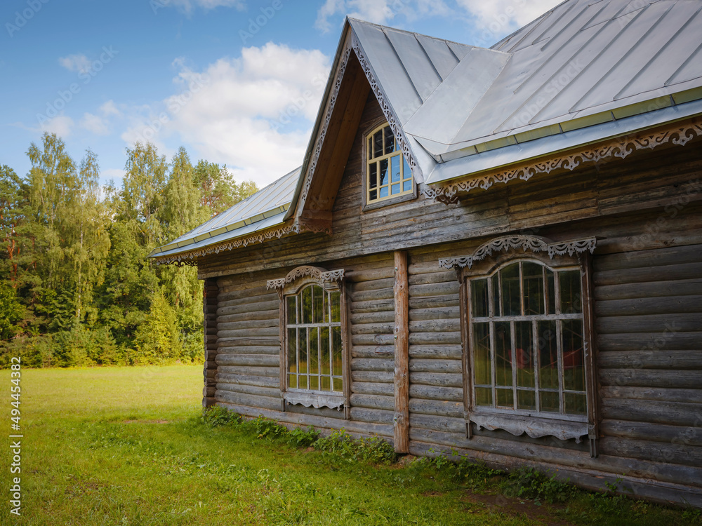 Naklejka premium summer travel to Russia, Torzhok city. Architectural and Ethnographic Museum Vasilevo. typical buildings of the northern type - a Karelian house and barns