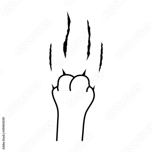 The cat's paw scratches the skin with sharp claws. Traces from the sharp claws of a cat, tiger, bear, dinosaur and other predators. Black outline isolated on white background. Vector
