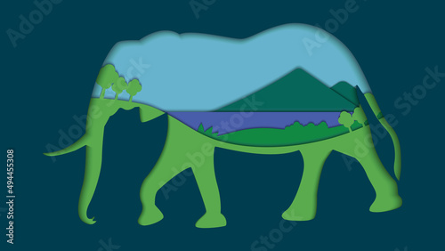Vector graphic of elephant animal illustration and nature scenes with green, blue and purple color scheme and using paper cut out style. Background animal and landscape illustration