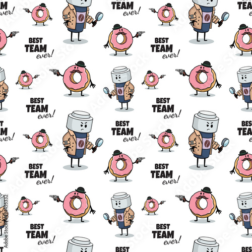 Coffee paper cup and donut as detectives partners, policemen investigating crime. Fast food seamless pattern. Hand drawn Comic doodle sketch style. Vector food illustration. The best team ever