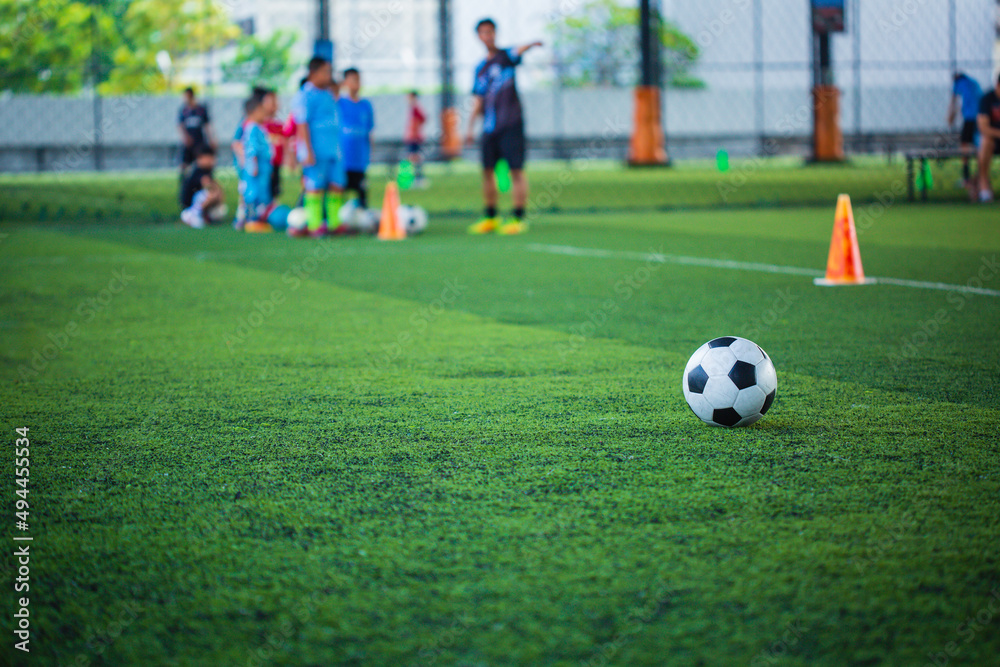 Soccer ball tactics cone on grass field with for training Soccer ball tactics cone on grass field with for training