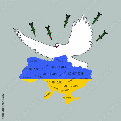 The dove of the peace covers Ukraine from missiles. Inscription no fly zone