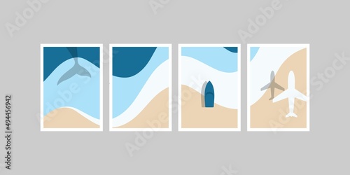 Set of aerial view of ocean waves reaching the coastline and beach, sand, sea shore with blue waves. Top view poster vector illustration