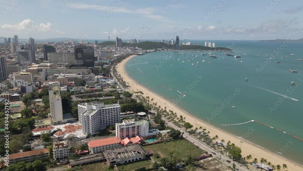 Pattaya beach Coastline, Beachfront cityscape summer destination, Aerial pullback Pattaya beach Coastline, Beachfront cityscape summer destination, Aerial pullback