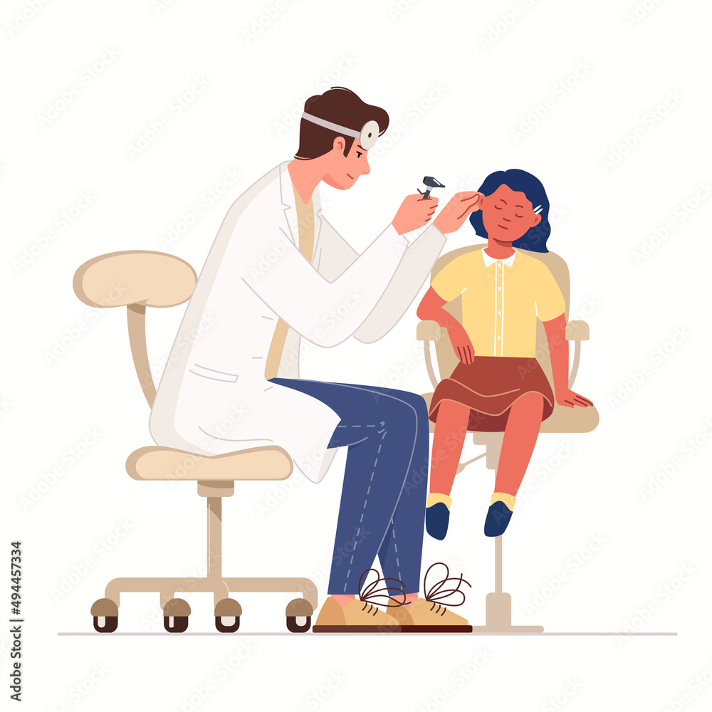 Child at doctor's appointment in ENT clinic. Audiologist checks child's ears with help of medical instruments. Otolaryngologist will otoscope patient. Vector illustration flat cartoon isolated.
Child at doctor's appointment in ENT clinic. Audiologist checks child's ears with help of medical instruments. Otolaryngologist will otoscope patient. Vector illustration flat cartoon isolated.