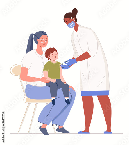 Children vaccination concept. Parent with son in doctor's office. Nurse administers vaccine to Kid sitting on her mother's lap. Vector illustration in flat cartoon style isolated on white background.